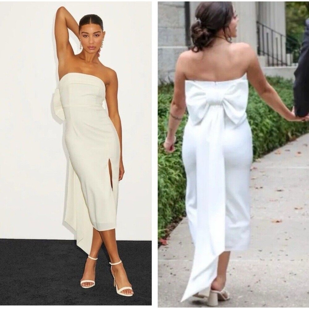 Lulus Fabulous Phenomenon White Strapless Bow Midi Dress Size XS Bridal Zip